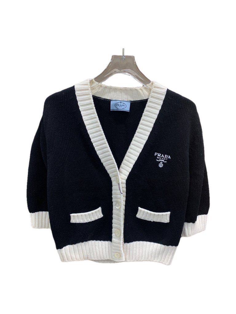 Prada Black & White Wool Knit Short-Sleeve Cardigan